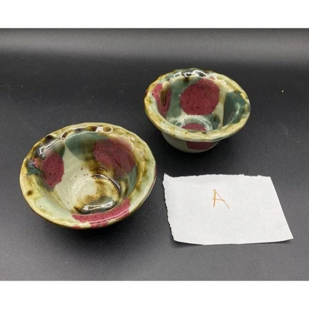 DK Clay 1996 Trinket Dish Salsa Dipping Sauce Bowl Pottery Drip Glaze Lot 2 A
